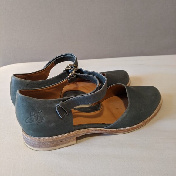 Blue leather John Fluevog flats, retro summer sandals, designer Mary Jane shoes - Picture 5 of 15